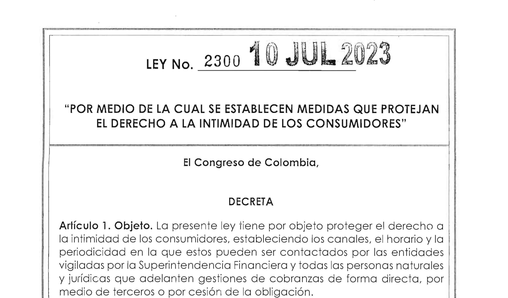 Protección del derecho a la intimidad de los consumidores financieros | LEY 2300 DEL 2023